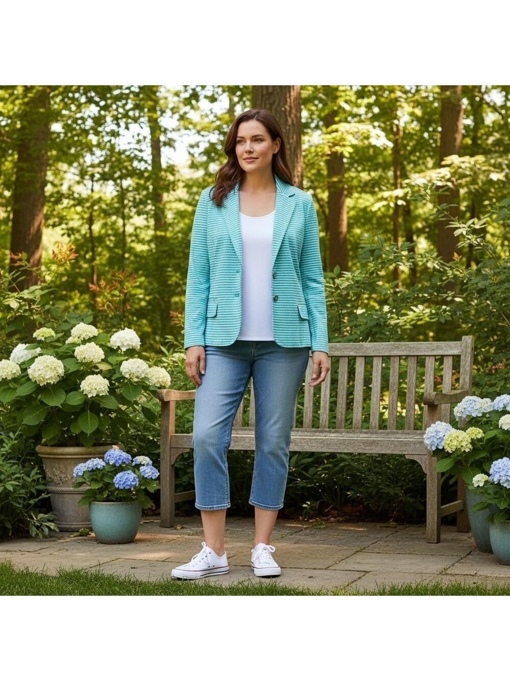 Talbots Aqua Blue And White Striped Blazer Size SP